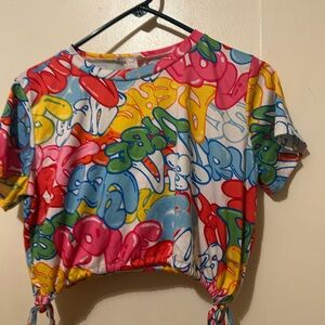 Miroh Vibrant Multicolor Graffiti Print Top Poly Spandex Sz XL Drawstring Hem